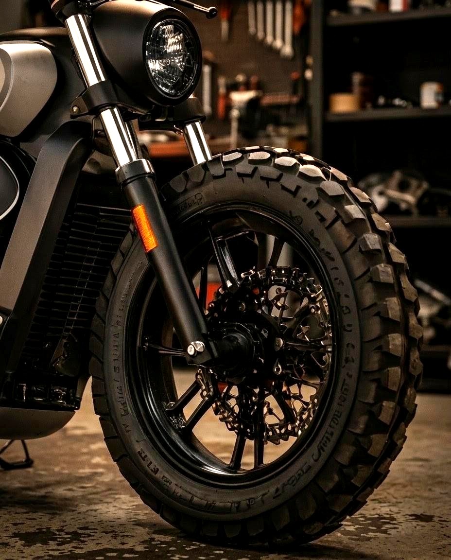 Neumático delantero de moto montado en el taller FR´Bikes Madrid